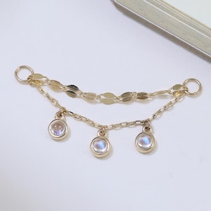 14K Solid Gold Moonstone Polished Double Nose Chain Gemstone Cartilage Helix Dangle Chain Attachment Dainty Conch Chain Ear Jacket