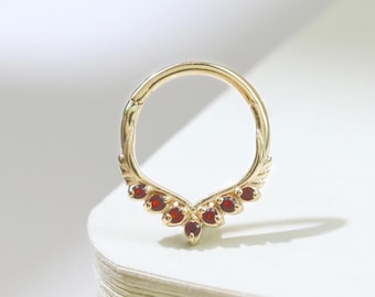 14K Solid Gold Garnet Leaf Pattern Clicker Hoop Spiked Septum Ring Dainty Flower Gemstone Cartilage Helix Daith Piercing Nose Ring 18g