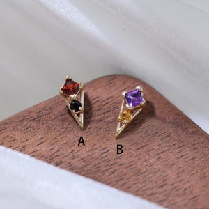 14K Solid Gold Garnet Black Onyx Amethyst Citrine Spike Earring Tiny Gemstone Cartilage Helix Labret Push Flat Back Stud Simple Piercing