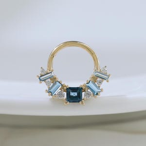 14K Solid Gold London Blue Topaz Clicker Hoop Moissanite Septum Ring Cluster Gemstone Nose Ring Cartilage Helix Daith Hoop Earring
