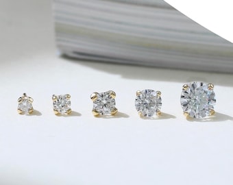Orecchino a vite rotondo in oro massiccio 14 carati con diamanti e moissanite, di varie dimensioni, con piccola pietra preziosa, cartilagine, elica, conchiglia, labret, perno filettato internamente