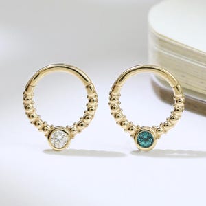 14K Solid Gold Alexandrite Bead Pattern Clicker Hoop Moissanite Septum Ring Solitaire Gemstone Nose Ring Cartilage Helix Daith Hoop Earring