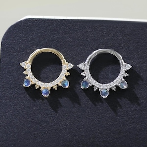 14K Solid Gold Labradorite Moissanite Hoop Earring Faceted Gemstone Nose Ring Minimalist Septum Ring Dainty Cartilage Daith Clicker Ring 8mm