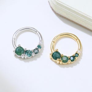 Moss Agate Moissanite Tapered Crescent Hoop Earring Round Gemstone Cluster Nose Ring Dainty Septum Ring 925 Silver Cartilage Daith Clicker