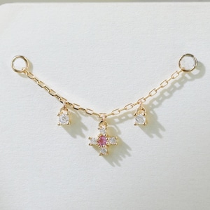14K Solid Gold Pink Sapphire Flower Nose Chain Moissanite Dangle Helix Chain Attachment Dainty Cartilage Ear Jacket Diamond Look Jewelry