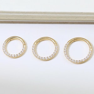 14K Solid Gold CZ Multiple Size Hoop Earring Front Facing Diamond Look Nose Ring Minimalist Gemstone Septum Ring Cartilage Daith Clicker