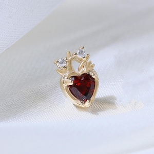 Solid 14K Gold Heart Garnet Stud Earring Moissanite Cartilage Helix Labret Conch Stud Gemstone Push Back Earring Piercing Flat Back Jewelry