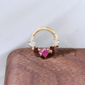 14K Solid Gold Ruby Garnet Moissanite Cluster Hinged Clicker Gemstone Nose Ring Cartilage Helix Daith Earring Septum Ring Piercing Gift 16g