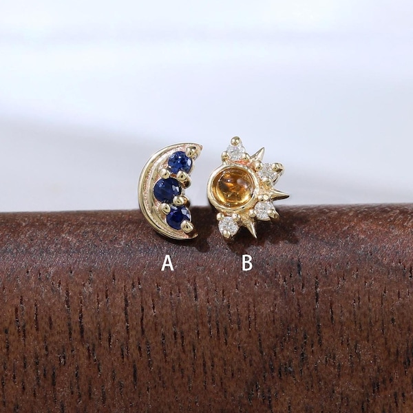14K Solid Gold Sun & Moon Earring Crescent Moon Blue Sapphire Stud Celestial Sun Citrine Moissanite Stud Cartilage Helix Flat Back Earring