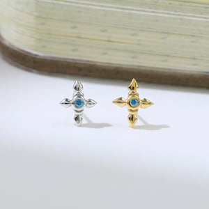 Cross Earring Tiny CZ gemstone Stud Cartilage Helix Earlobe Flat Back Earring 925 Silver Minimalist Piercing Threadless Jewelry Gift for Her