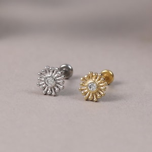 Sunburst Sparkling Gemstone Earring Delicate Bead Sun Cartilage Helix Labret Earlobe Stud Silver Push Back Earring Piercing Jewelry Gift