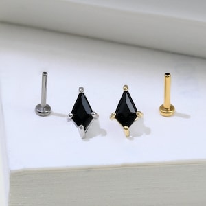 Silver Kite Shape Black Onyx Stud Geometric Gemstone Push Back Earring Gold Plated Cartilage Earlobe Labret Piercing Minimalist Gift for Her