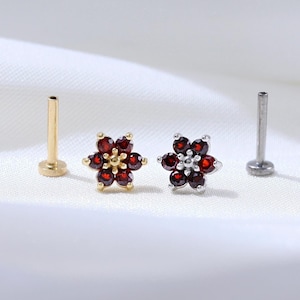 Silver Garnet Stud Earring Delicate Blooming Flower Gemstone Cartilage Helix Labret Stud Flat Push Back Earring Gold Plated Piercing Jewelry