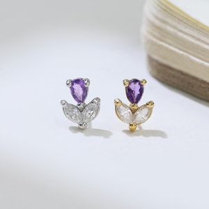 Tulip Amethyst Moissanite Ohrring Zierliche blühende Blume Edelstein Bolzen Knorpel Helix Labret Push Back Ohrring Silber Piercing Schmuck Geschenk