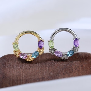 London Blue Topaz Pink Sapphire Hinged Clicker Fancy Peridot Amethyst Nose Ring Seamless Gemstone Cartilage Daith Earring Silver Septum Ring