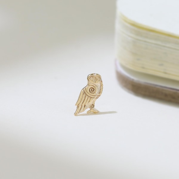 14K Solid Gold Eule Ohrring Vivid Eule Gestüt Tier Motiv Muster Piercing Knorpel Helix Ohrläppchen Flache Rückseite Ohrring Geschenk für Tierliebhaber