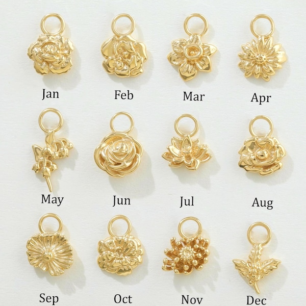 Sterling Silver Birth Flower Charm Attachment 14K Gold Plated Floral Hoop Charm Earring Cartilage Helix Conch Lobe Clicker Piercing Jewelry
