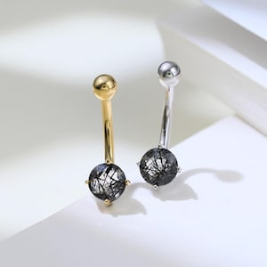 Black Hair Quartz Belly Button Ring Single Gemstone Threaded Navel Ring 14g Silver Curved Barbell Ring 10mm Minimalist Piercing Body Jewelry