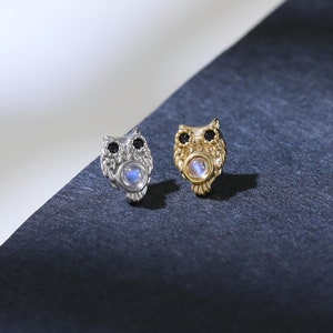 Owl Moonstone Black Spinel Earring Cute Owl Gemstone Animal Piercing Silver Cartilage Helix Tragus Earlobe Labret Push Flat Back Earring