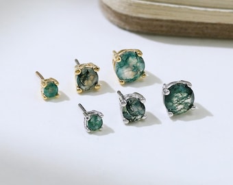 Moss Agate Sterling Silver Stud Earring, Gold Plated Flat Back Piercing Jewelry
