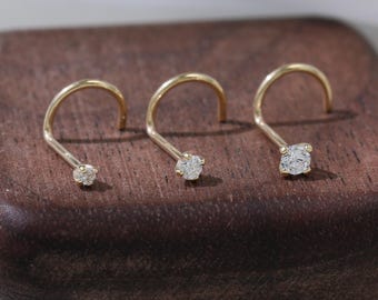 Piercing de nez minimaliste en or massif 14 carats, diamant rond en forme de S, moissanite, plusieurs tailles disponibles, petite pierre précieuse