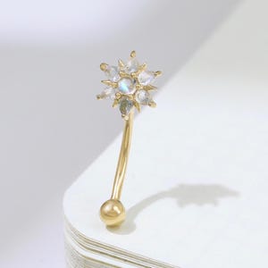 14K Solid Gold Moonstone Flower Rook Earring Floral Labradorite Eyebrow Ring Curved Barbell Belly Ring Navel Ring Piercing 16g Gift for Her