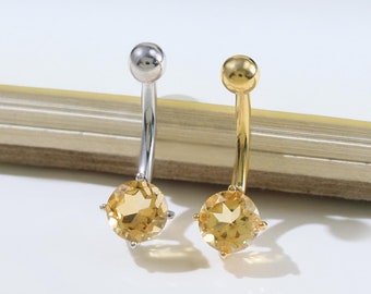 Citrine Belly Button Ring Single Gemstone Threaded Navel Ring 14g Silver Curved Barbell Belly Ring 10mm Minimalist Piercing Body Jewelry
