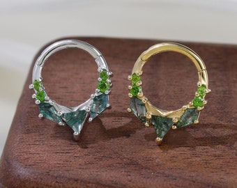 Moss Agate Chrome Diopside Cluster Hoop Earring Spike Gemstone Nose Ring 16g Septum Ring Silver Cartilage Daith Earring Handmade Piercing