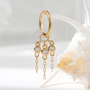 14k Solid Gold Dangle Moissanite Triple Chain Charm Minimalist Sparkling Gemstone Piercing for Cartilage Helix Tragus Hoop Earring