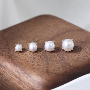 14K Solid Gold Fresh Pearl Multiple Size Earring Single Pearl French Style Stud Real Pearl Cartilage Tragus Helix Push Flat Back Stud