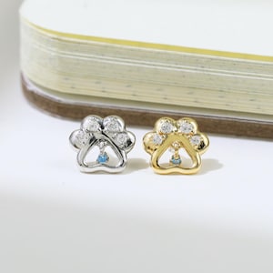 Paw Hollow Earring Dangle CZ Gemstone Flat Back Earring Animal-Inspired Stud Cartilage Helix Earlobe Piercing Silver Threadless Jewelry