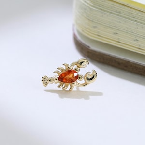 14k Solid Gold Crab Fanta Orange Garnet Earring Animal Motif Pattern Piercing Gemstone Cartilage Helix Conch Labret Push Flat Back Stud
