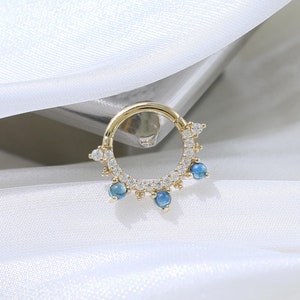 14K Solid Gold Blue Sapphire Moissanite Hoop Earring Gemstone Nose Ring Minimalist Septum Ring Cartilage Daith Clicker Dainty Nose Piercing