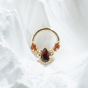 14K Solid Gold Garnet Hinged Clicker Elegant Pear Shape Gemstone Nose Ring Fancy Septum Ring Huggie Hoop Cartilage Conch Daith Earring
