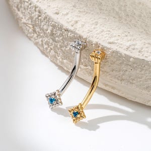 Square Flower Vintage Belly Button Ring Externally Threaded Navel Ring 14g Silver Curved Barbell Belly Ring 10mm Body Piercing Jewelry