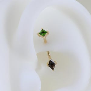 14k Solid Gold Chrome Diopside Smoky Quartz Rook Earring Geometric Eyebrow Ring Curved Barbell Belly Ring Navel Ring 16g Minimalist Piercing