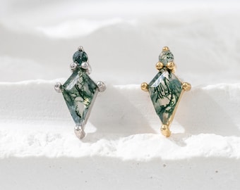 Kite Moss Agate Earring Geometric Gemstone Push Flat Back Earring Silver Cartilage Earlobe Labret Stud Minimalist Piercing Jewelry Gift
