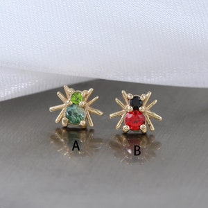 14K Solid Gold Spider Moss Agate Red Spinel Earring Gemstone Cartilage Helix Labret Conch Push Flat Back Stud Handmade Piercing Jewelry