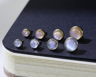 Moonstone Round Multiple Size Earring Dainty Gemstone Stud Push Flat Back Earring Cartilage Sliver Helix Conch Labret Piercing Gift for Her