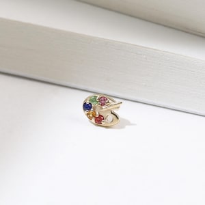 14K Solid Gold Paint Palette Earring Multiple Color Gemstone Artist's Palette Stud Creative Cartilage Helix Labret Piercing Art Lovers Gift