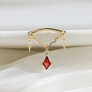 14K Solid Gold Kite Shape Garnet Dangle Stud Earring Gemstone Drop Chain Hidden Helix Push Pin Flat Back Cartilage Helix Threadless Jewelry