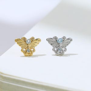 Butterfly Swiss Blue Topaz Earring Duo Blue Gemstone Cartilage Helix Conch Earlobe Push Flat Back Stud Animal Piercing Handmade Jewelry