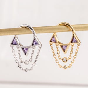 Amethist Moissaniet dubbele ketting hanger septum ring driehoek edelsteen ketting neusring kraakbeen Daith oorbel 16 g zilveren scharnierende klikker