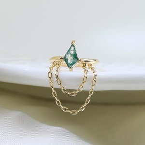 Anello da naso con doppia catena in agata muschiata, in oro massiccio 14 carati, con cerniera, a scatto, delicato aquilone, con pietra preziosa, per cartilagine, daith, elica, anello per setto.