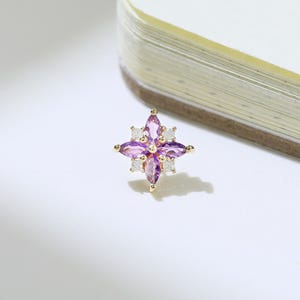 14K Solid Gold Flower Amethyst Earring Floral Moissanite Stud Gemstone Cartilage Helix Conch Tragus Piercing Flat Back Earring Gift for Her