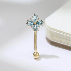 14K Solid Gold Swiss Blue Topaz Flower Rook Earring Floral Moissanite Eyebrow Ring Curved Barbell Belly Ring Navel Ring Piercing 16g