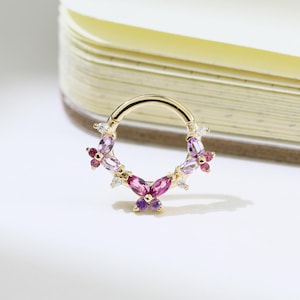 14K Solid Gold Butterfly Amethyst Hoop Earring Rhodolite Garnet Nose Ring Moissanite Septum Ring Gemstone Daith Clicker Dainty Nose Piercing