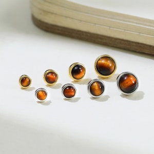 Tiger Eye Round Multiple Size Earring Dainty Gemstone Stud Push Flat Back Earring Cartilage Sliver Helix Conch Labret Piercing Gift for Her