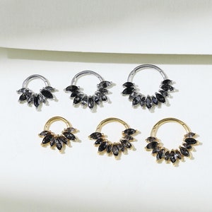 Black Hair Quartz Cluster Muitiple Size Hinged Clicker Black Hair Quartz Nose Ring Silver Gemstone Cartilage Daith Earring Septum Ring 16g