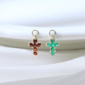 14K Solid Gold Garnet Cross Charm Chrysoprase Cross Dangle Pendant Tiny Gemstone Charm Connector  Cartilage Daith Tragus Rook Hoop Charm